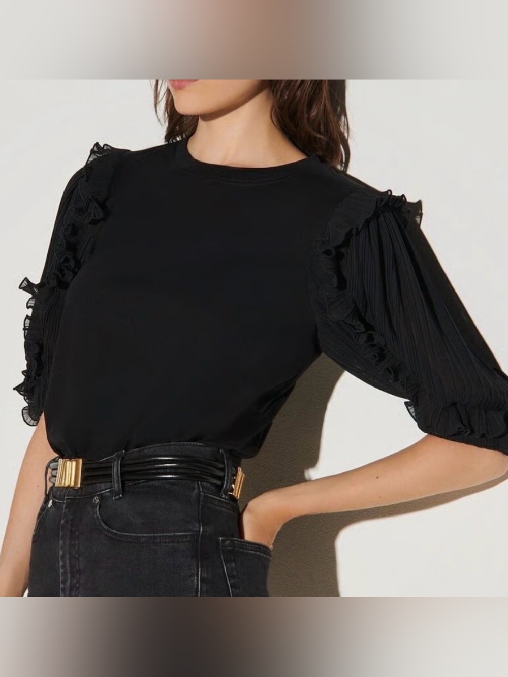 Sandrow Black Ruffle Puff Sleeve Tee